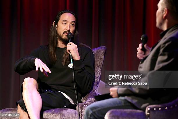 Musician Steve Aoki speaks with moderator Robin Nixon at Up Close & Personal: Steve Aoki at The GRAMMY Museum on September 28, 2016 in Los Angeles,...