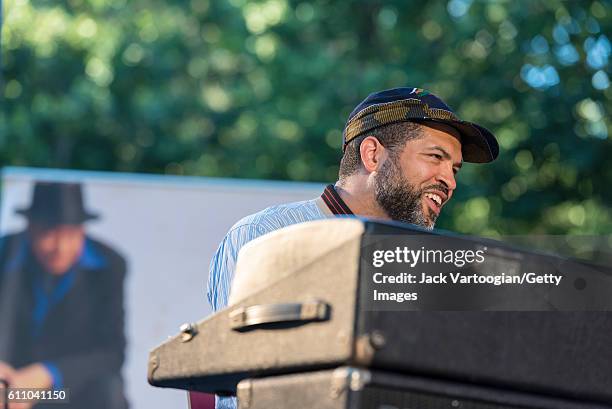 American musician Jason Moran plays piano at the 24th Annual Charlie Parker Jazz Festival in Tompkins Square Park, New York, New York, August 28,...