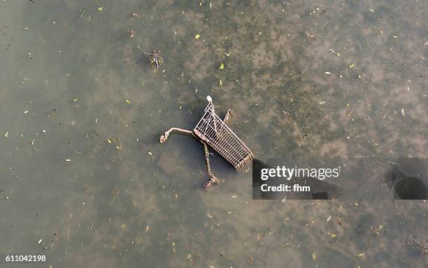 symbol for minimalism and consumerism - shopping cart, thrown away in a dirty river - anti globalization stock pictures, royalty-free photos & images