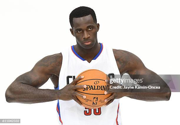 Brandon Bass of the Los Angeles Clippers films B roll for Fox Sports during media day at the Los Angeles Clippers Training Center on September 26,...