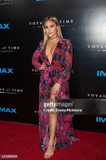 Actress Cassie Scerbo attends the premiere of IMAX's "Voyage Of Time: The IMAX Experience" at California Science Center on September 28, 2016 in Los...