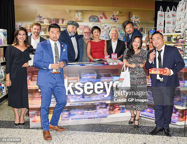 Cast of Kim's Convenience L-R Nicole Power, Kevin White, Simu Liu, Paul Sun-Hyung Lee, Producer Robin Cass, Jean Yoon, Producer Ivan Fecan, Creator...