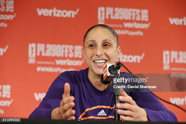 Diana Taurasi of the Phoenix Mercury speaks at a post game press conference after the game against the Minnesota Lynx in Game One of the Semifinals...