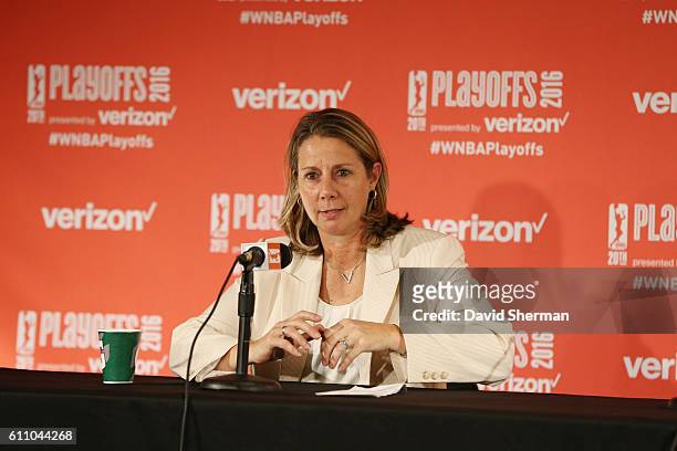 Head coach Cheryl Reeve of the Minnesota Lynx speaks at a post game press conference after the game against the Phoenix Mercury in Game One of the...