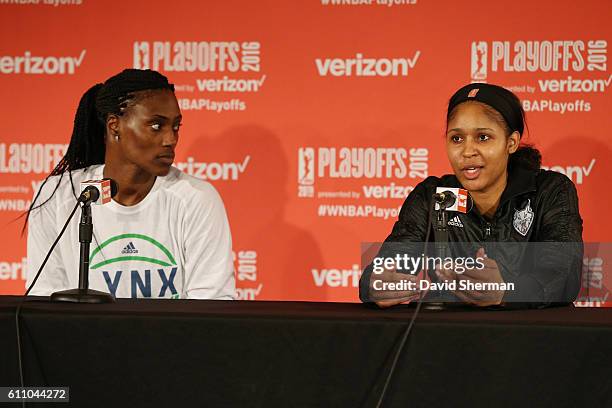 Maya Moore of the Minnesota Lynx and Sylvia Fowles of the Minnesota Lynx speak at a post game press conference after the game against the Phoenix...