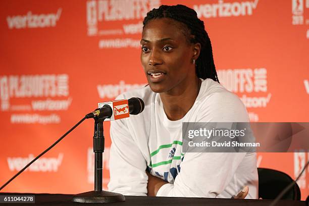 Sylvia Fowles of the Minnesota Lynx speaks at a post game press conference after the game against the Phoenix Mercury in Game One of the Semifinals...
