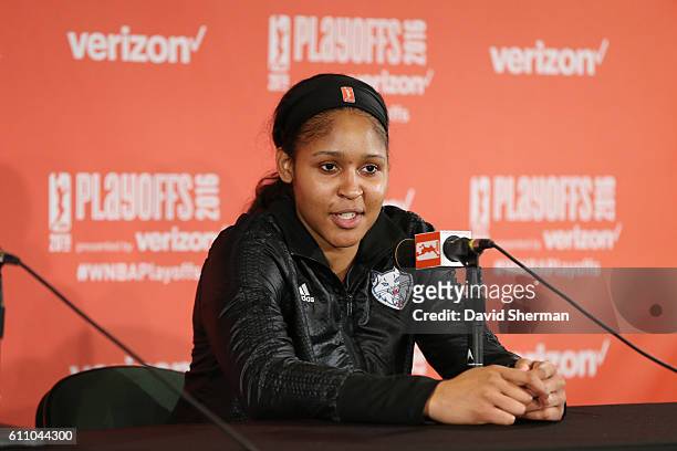 Maya Moore of the Minnesota Lynx speaks at a post game press conference after the game against the Phoenix Mercury in Game One of the Semifinals...