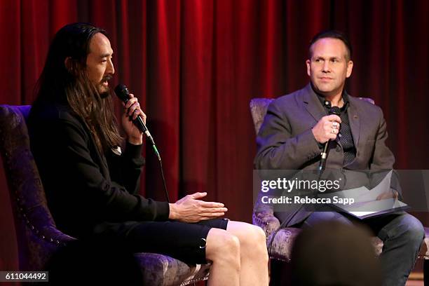 Musician Steve Aoki speaks with moderator Robin Nixon at Up Close & Personal: Steve Aoki at The GRAMMY Museum on September 28, 2016 in Los Angeles,...