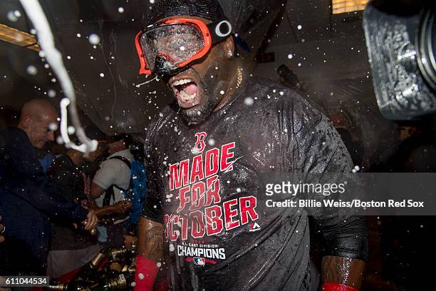 David Ortiz of the Boston Red Sox celebrates after clinching the American League East Division after a game against the New York Yankees on September...