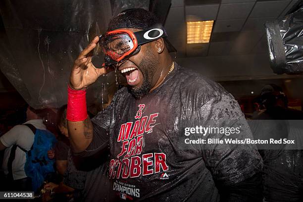 David Ortiz of the Boston Red Sox celebrates after clinching the American League East Division after a game against the New York Yankees on September...