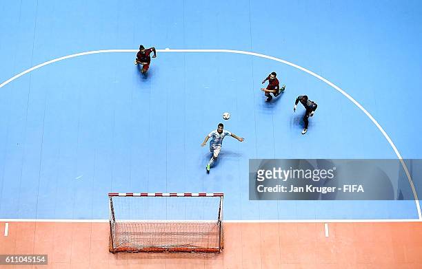 Cristian Borruto of Argentina scores his sides opening goal during the FIFA Futsal World Cup semi-final match between Argentina and Portugal at...