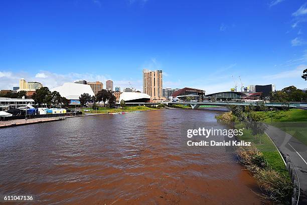 General view of the Adelaide Festival Centre and River Torrens showing muddy water flowing on September 29, 2016 in Adelaide, Australia. South...