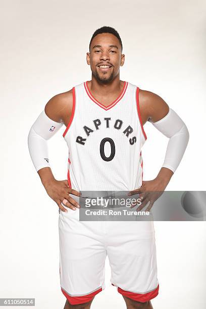 Jared Sullinger of the Toronto Raptors poses for a portrait during 2016 Media Day on September 28, 2016 at the BioSteel Centre in Toronto, Ontario,...