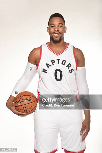 Jared Sullinger of the Toronto Raptors poses for a portrait during 2016 Media Day on September 28, 2016 at the BioSteel Centre in Toronto, Ontario,...