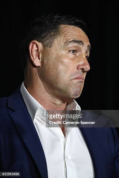 Cronulla Sharks coach Shane Flanagan speaks to the media during the NRL Grand Final press conference at Sydney Opera House on September 29, 2016 in...