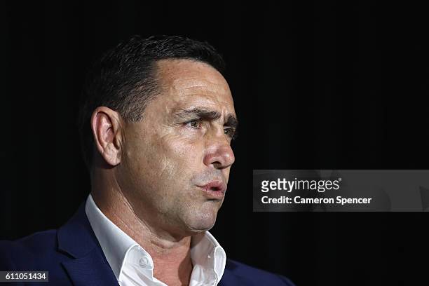 Cronulla Sharks coach Shane Flanagan speaks to the media during the NRL Grand Final press conference at Sydney Opera House on September 29, 2016 in...