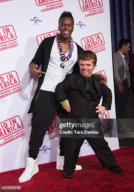 YouTube personality/actor KSI and actor Douglas Farrell attend the premiere of "Laid In America" at AMC Universal City Walk on September 28, 2016 in...