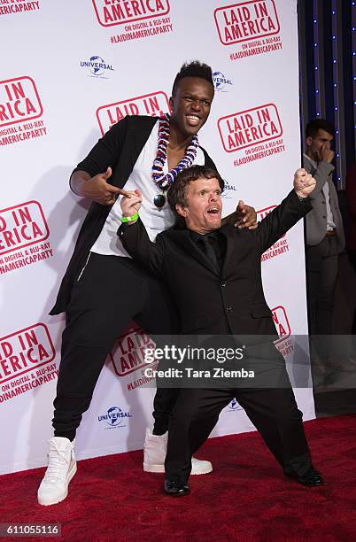 YouTube personality/actor KSI and actor Douglas Farrell attend the premiere of "Laid In America" at AMC Universal City Walk on September 28, 2016 in...