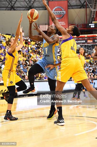 Clarissa dos Santos of the Chicago Sky goes for a lay up against the Los Angeles Sparks on September 28, 2016 at the Walter Pyramid at Long Beach...
