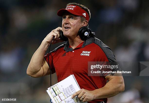 Head coach Mark Hudspeth of the Louisiana-Lafayette Ragin Cajuns reacts during a game at Yulman Stadium on September 24, 2016 in New Orleans,...