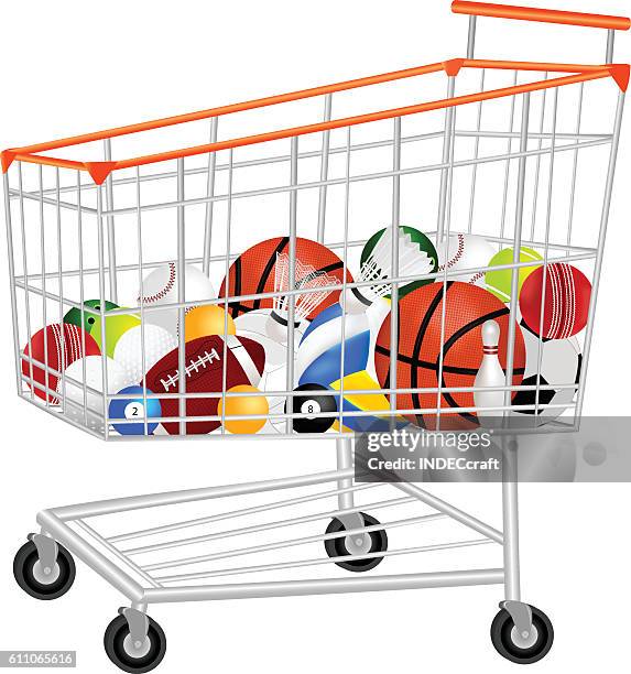 ilustraciones, imágenes clip art, dibujos animados e iconos de stock de pelotas deportivas en carrito de compras - shopping basket