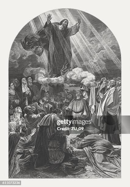 ilustrações de stock, clip art, desenhos animados e ícones de ascension of christ, wood engraving, published in 1882 - ilha de ascensão