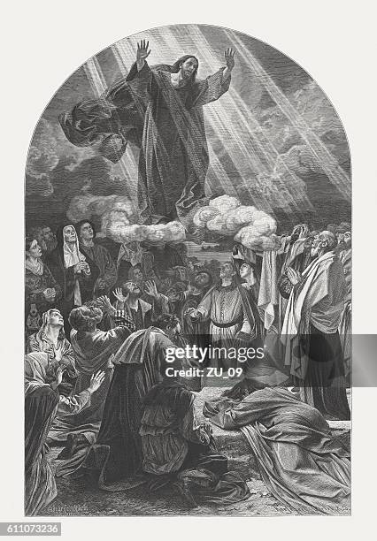ascension of christ, wood engraving, published in 1882 - ascension of jesus christ stock illustrations