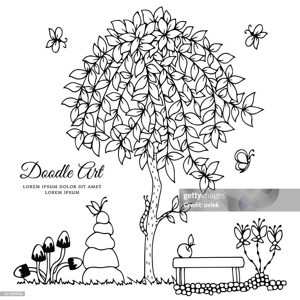 Vector illustration , bench and a tree. Doodle drawing. Coloring book