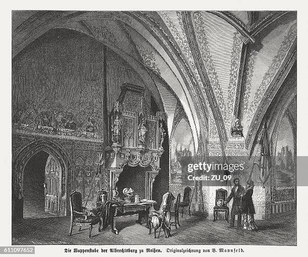 ilustraciones, imágenes clip art, dibujos animados e iconos de stock de sala del escudo de armas, albrechtsburg, meissen, alemania, publicado en 1882 - techo abovedado