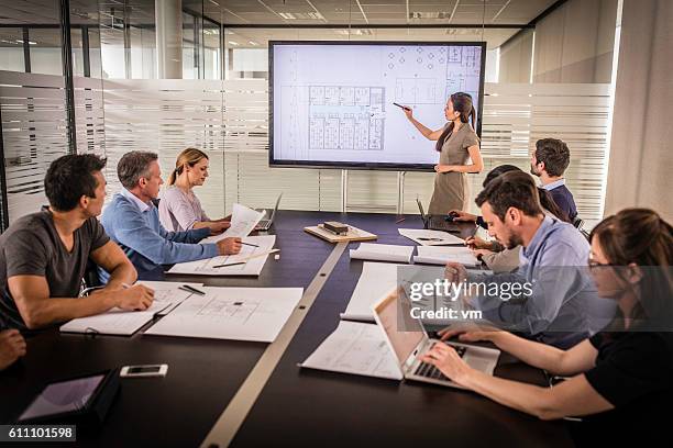 architect presenting project plan - architect meeting stock pictures, royalty-free photos & images