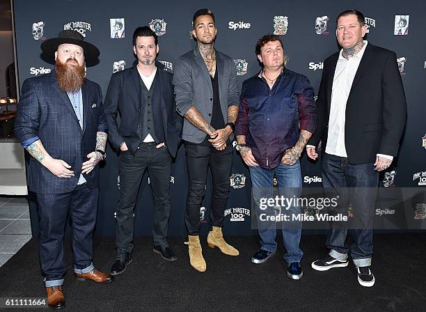 Ink Master winners Jason Clay Dunn, Joey Hamilton, Anthony Michaels, Steven Tefft and Dave Kruseman attend Spike's Ink Master100th episode party at...