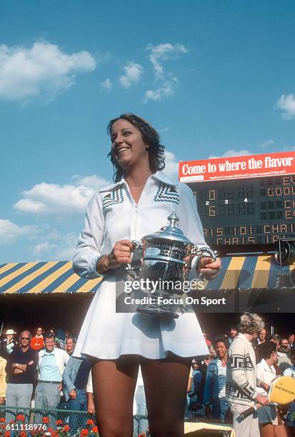 Tennis player Chris Evert of the United States hold of the trophy after defeating Evonne Goolagong in finals of the women 1976 U.S. Open Tennis...