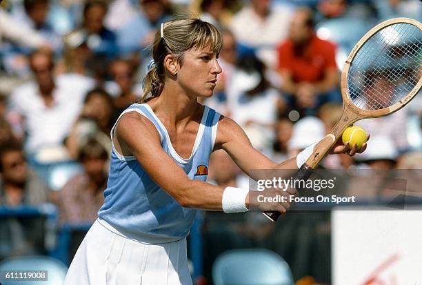 Tennis player Chris Evert of the United States severs during the women 1982 U.S. Open Tennis Tournament at the National Tennis Center in the Queens...