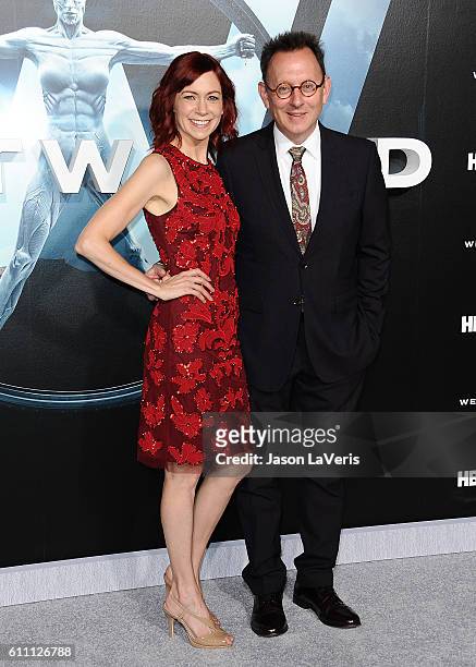 Actress Carrie Preston and actor Michael Emerson attend the premiere of "Westworld" at TCL Chinese Theatre on September 28, 2016 in Hollywood,...