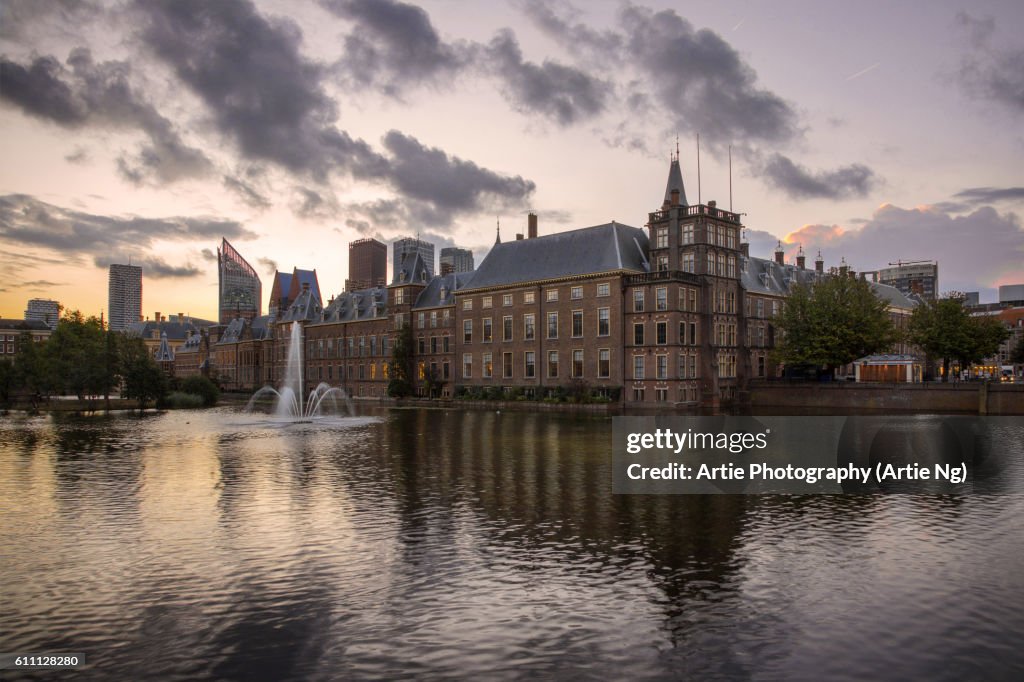 Sunrise with the Binnenhof (Inner Court) with the Hofvijver Lake, Hague, Netherlands