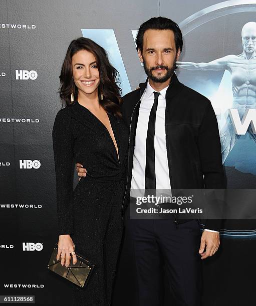 Actress Mel Fronckowiak and actor Rodrigo Santoro attend the premiere of "Westworld" at TCL Chinese Theatre on September 28, 2016 in Hollywood,...