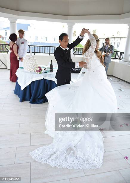 Dr Kaneko and Alice Aoki dance together at the dessert reception at the Catalina Island Museum on September 25, 2016 on Catalina Island, California.