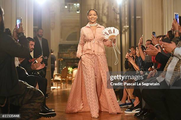 Rihanna walks the runway during FENTY x PUMA by Rihanna at Hotel Salomon de Rothschild on September 28, 2016 in Paris, France.