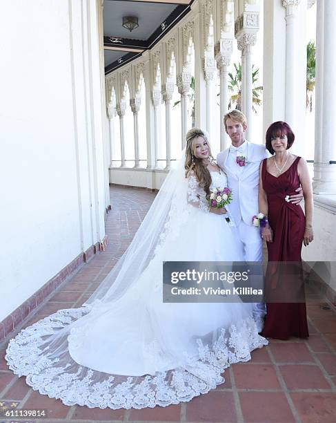 Alice Aoki, Justin Moore Aoki and Karen Moore attend the Aoki wedding ceremony at the Avalon Ballroom on September 25, 2016 on Catalina Island,...