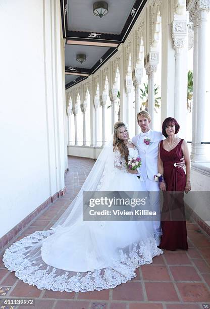 Alice Aoki, Justin Moore Aoki and Karen Moore attend the Aoki wedding ceremony at the Avalon Ballroom on September 25, 2016 on Catalina Island,...