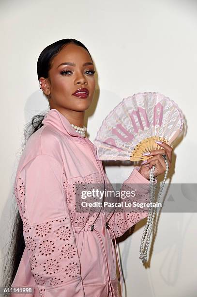 Rihanna is seen backstage during FENTY x PUMA by Rihanna at Hotel Salomon de Rothschild on September 28, 2016 in Paris, France.