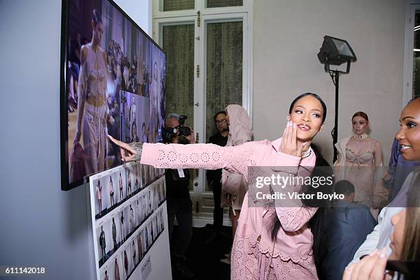 Rihanna is seen backstage during FENTY x PUMA by Rihanna at Hotel Salomon de Rothschild on September 28, 2016 in Paris, France.