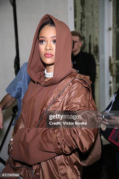 Rihanna is seen backstage during FENTY x PUMA by Rihanna at Hotel Salomon de Rothschild on September 28, 2016 in Paris, France.