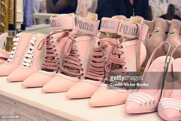 Model's shoes are seen backstage during FENTY x PUMA by Rihanna at Hotel Salomon de Rothschild on September 28, 2016 in Paris, France.