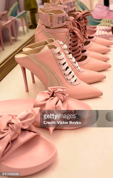 Model's shoes are seen backstage during FENTY x PUMA by Rihanna at Hotel Salomon de Rothschild on September 28, 2016 in Paris, France.