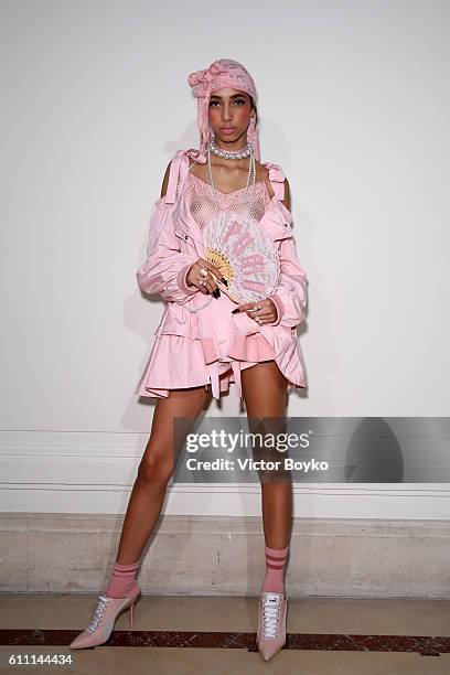 Model poses at FENTY x PUMA by Rihanna at Hotel Salomon de Rothschild on September 28, 2016 in Paris, France.