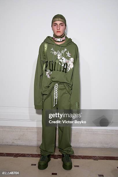 Model poses at FENTY x PUMA by Rihanna at Hotel Salomon de Rothschild on September 28, 2016 in Paris, France.