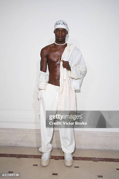 Model Valentine Rontez poses at FENTY x PUMA by Rihanna at Hotel Salomon de Rothschild on September 28, 2016 in Paris, France.