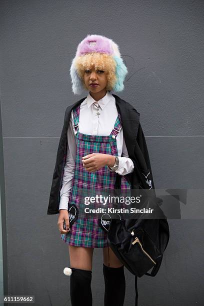 Fashion student Reiko Kaye wears on day 3 of London Womens Fashion Week Spring/Summer 2017, on September 18, 2016 in London, England.