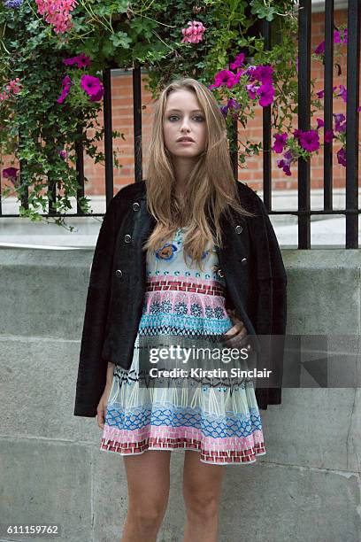 Model and Actress Beatrice Vendramin wears all Temperley on day 3 of London Womens Fashion Week Spring/Summer 2017, on September 18, 2016 in London,...